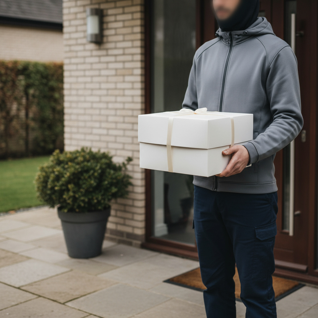 Lieferung einer verpackten CakePing Torte an einer Haustür