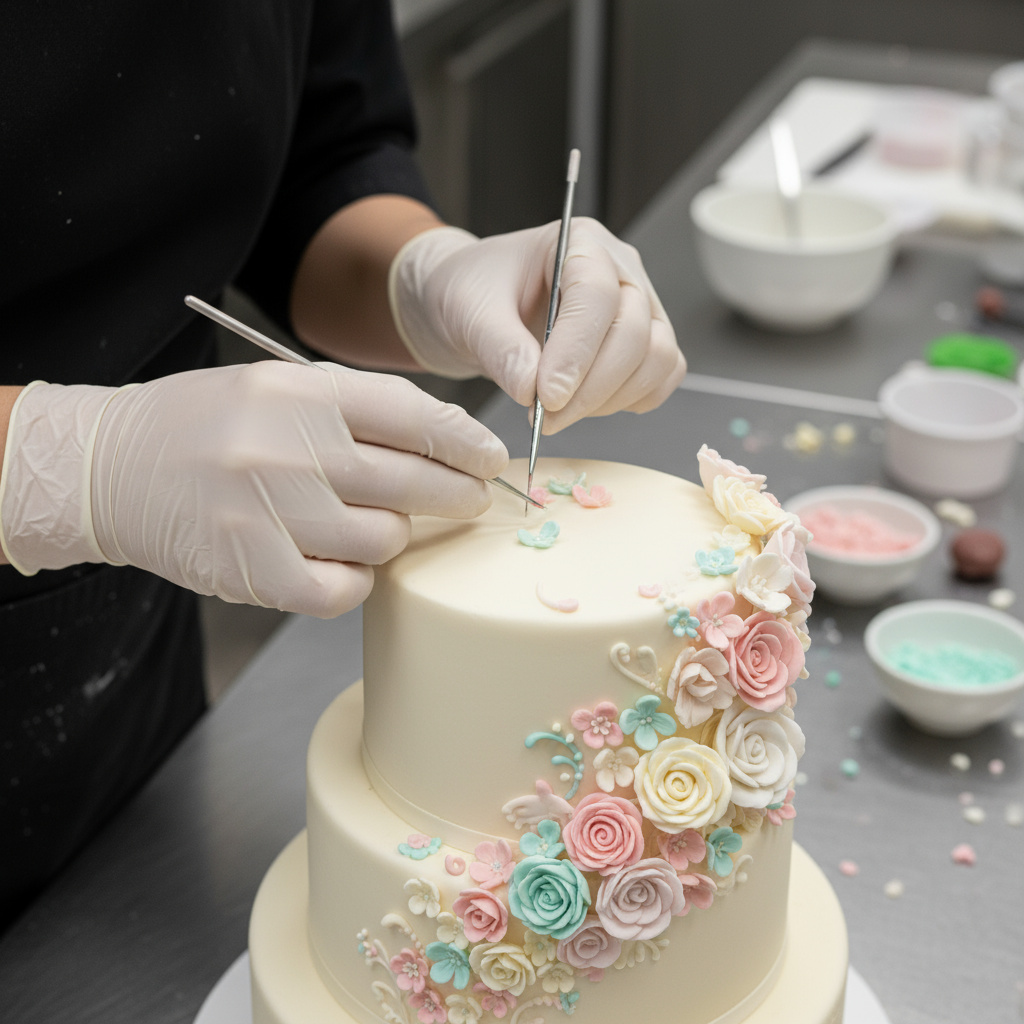 Präzises Dekorieren einer Torte im CakePing Atelier