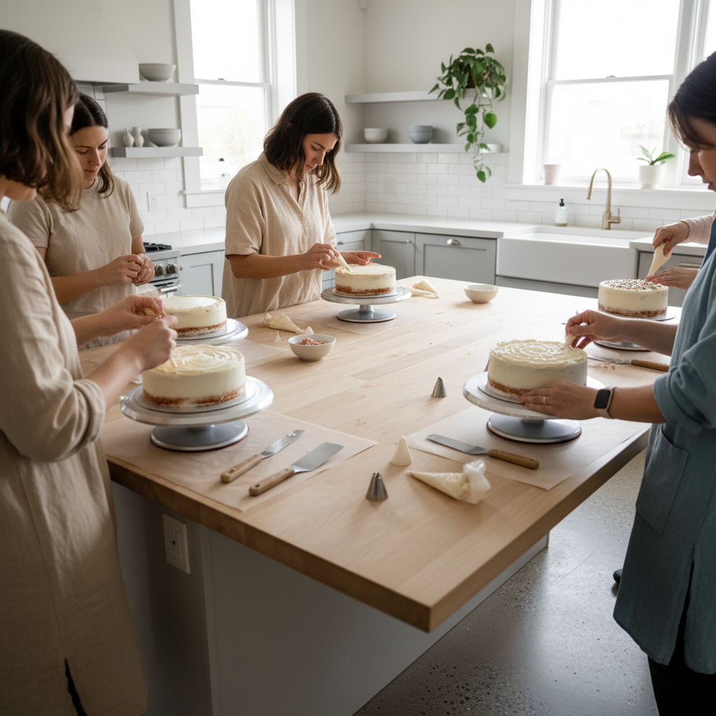 Teilnehmende in einem CakePing Workshop beim Dekorieren von Torten